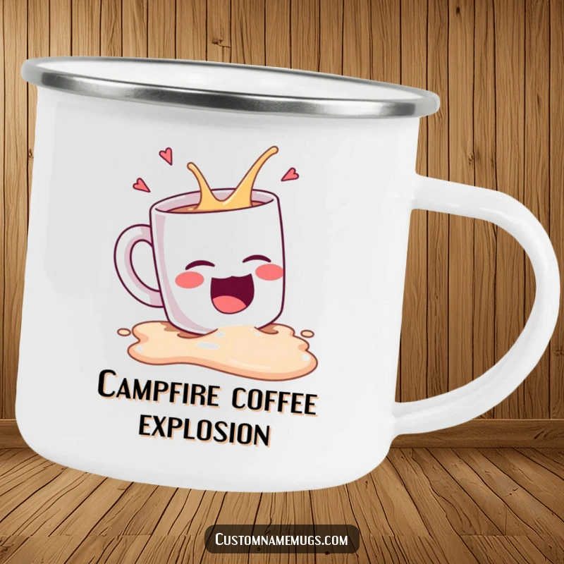 Funny Kawaii coffee mug character tipping over and spilling while laughing hysterically, a humorous camping mug.