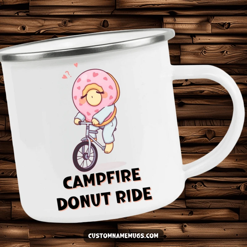 Funny camping mug showing a sleepy donut in pajamas riding a unicycle, ready for outdoor fun and humorous campsite moments.