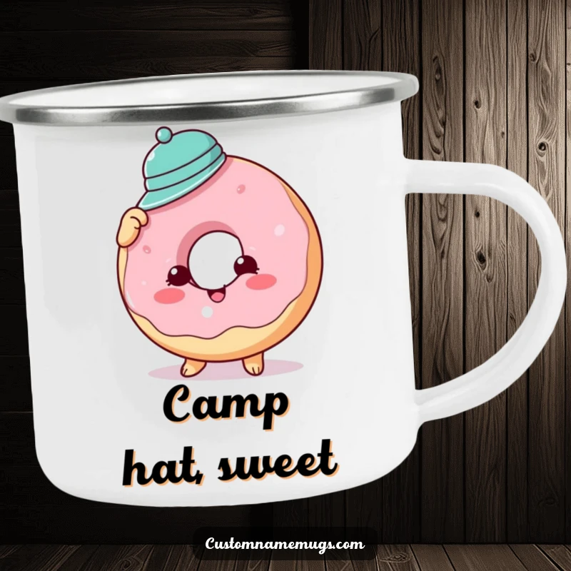Funny donut hat camping mug depicting a cheerful donut comically wearing a tiny hat, perfect for outdoor adventures and sweet laughs.
