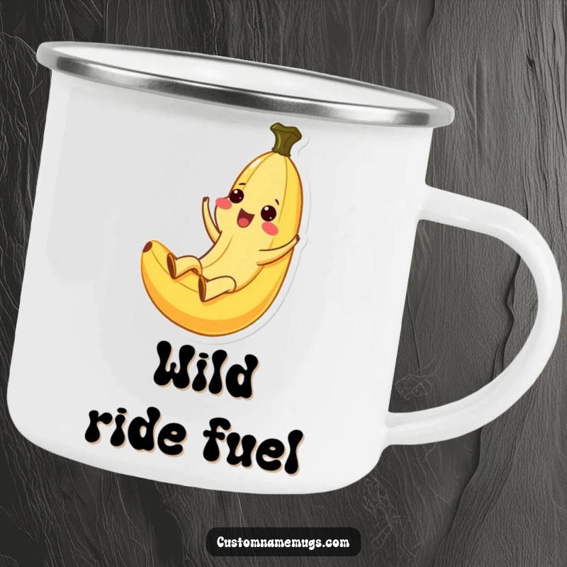 Funny Kawaii banana character gleefully sliding down a peel on a durable camping mug, ready for outdoor use.
