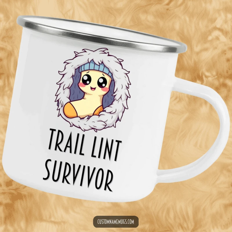 Funny Kawaii sock character with googly eyes escaping a dryer lint monster, a humorous camping mug for rugged adventures.