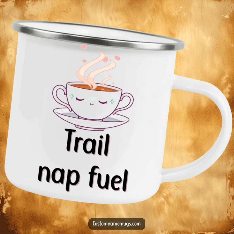 Funny Napping Teacup Camping Mug: Durable enamel mug with a cute napping teacup illustration surrounded by steam, perfect for funny outdoor sips.