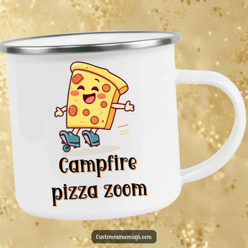 Funny pizza roller skater camping mug, a laughing pizza slice wearing roller skates zooms around, for outdoor pizza fun.