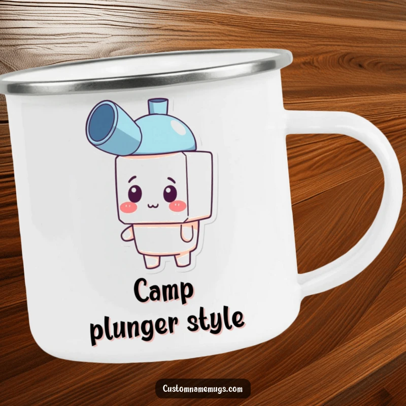Funny camping mug with a cheerful blocky character wearing a plunger as a hat, looking confused but happy. Great for outdoors.