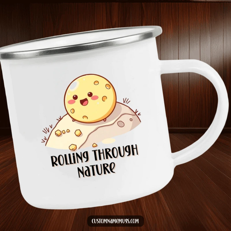 Funny camping mug with a happy, round cheese character rolling downhill, comically losing pieces. Great for outdoor fun.