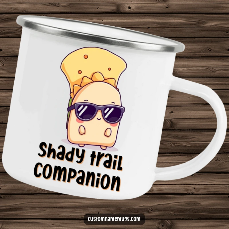 Funny camping mug featuring a shy taco with sunglasses peeking from behind a chip, perfect for outdoor drinks with cool humor.