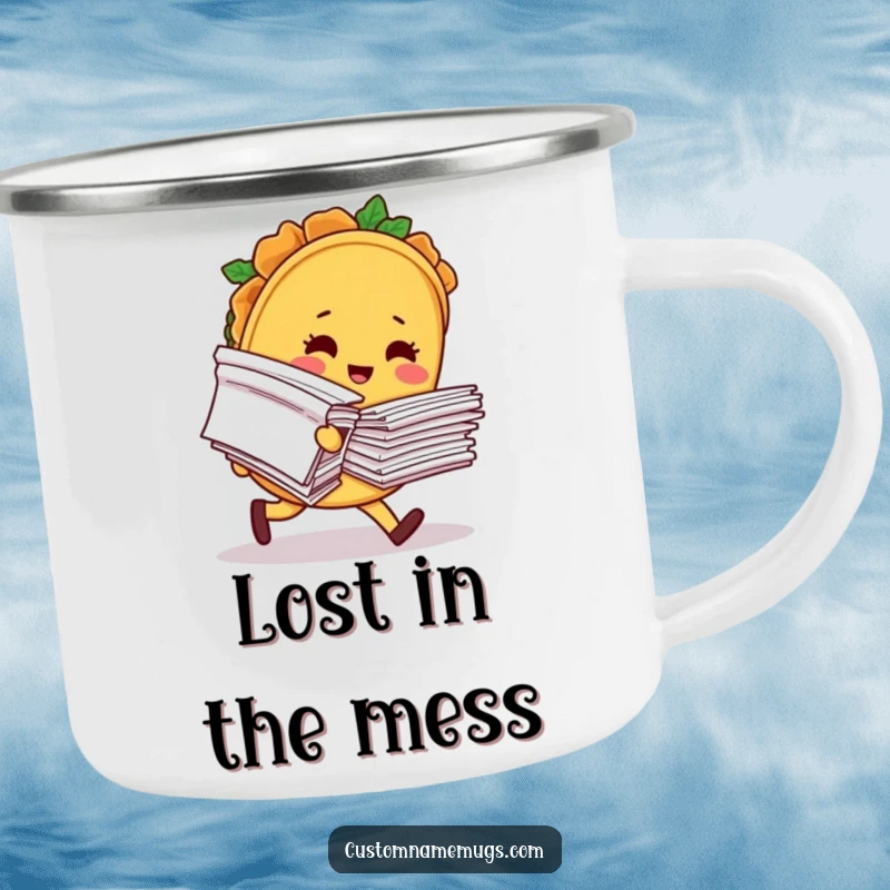 Funny enamel camping mug featuring a blushing taco character comically tripping with papers, ideal for outdoor adventures and humor lovers.