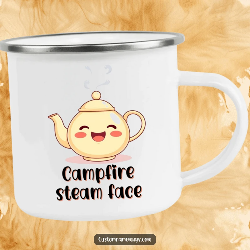 Funny camping mug with a delighted teapot character emitting steam that forms a silly face, ideal for outdoor enjoyment and humor.