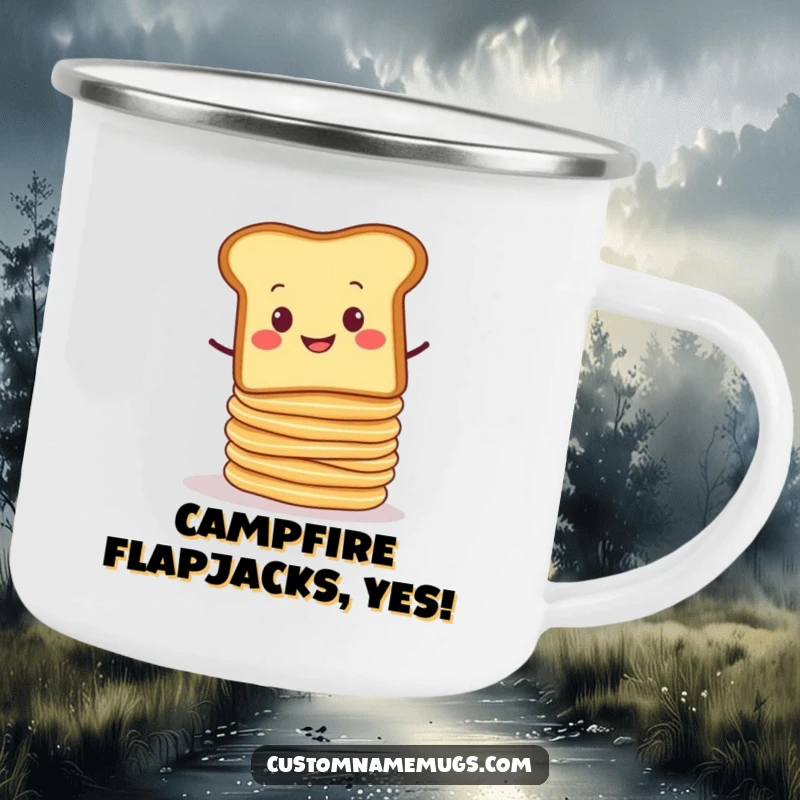 Funny camping mug with a smug slice of toast balancing a wobbly stack of pancakes. Ideal for outdoor adventures.