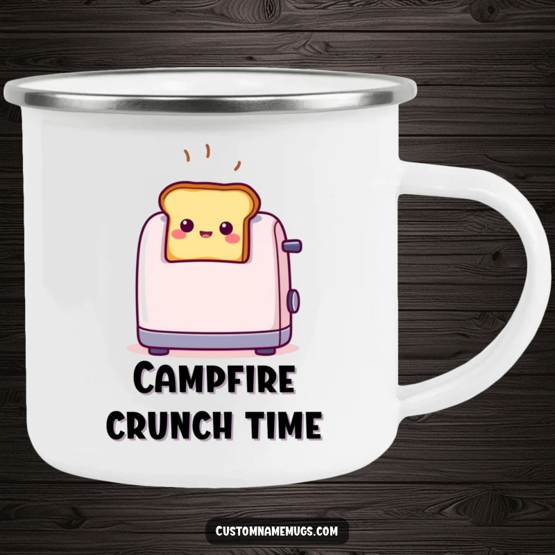 Durable funny toast camping mug with tiny smiling toast popping out of a toaster with surprise, ideal for outdoor drinks.