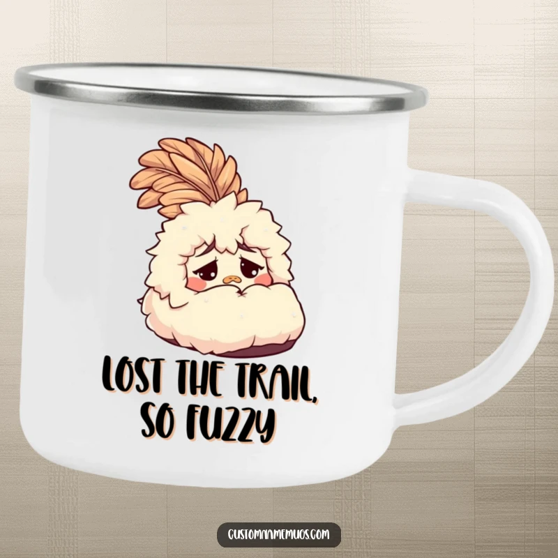Funny Slipper Camping Mug: A bewildered fluffy slipper with a feather, perfect for chilly mornings and a funny camping gift.