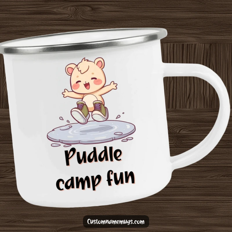 Funny enamel camping mug with a creature wearing oversized shoes, joyfully hopping in a puddle, ready for outdoor fun.