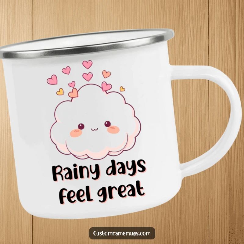 Funny Camping Mug: Cute, fluffy cloud character playfully raining small, colorful hearts onto its own head, ready for adventure.