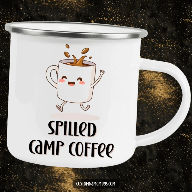 Funny camping mug with a coffee mug on legs spilling its contents while dancing, for humorous outdoor enjoyment.