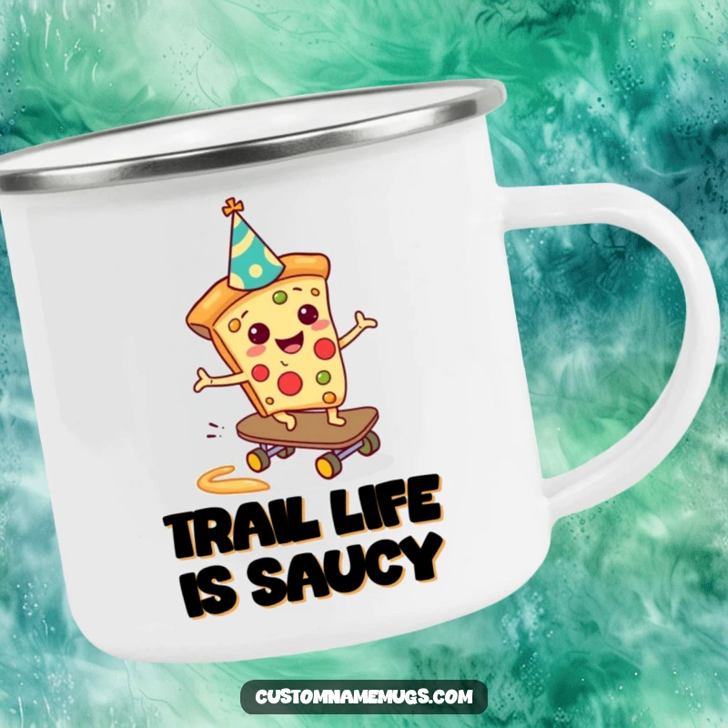 Funny Pizza Skateboarder Camping Mug: A cheerful pizza slice skateboarding down a sauce slide, perfect for outdoor fun and a funny gift.
