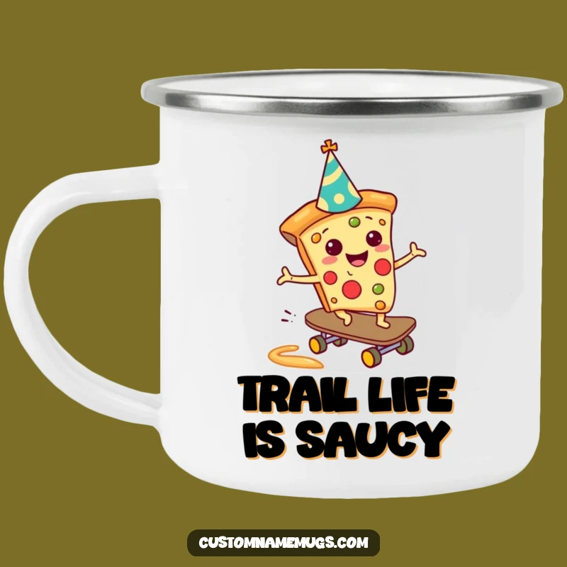 Funny Pizza Skateboarder Camping Mug: Saucy Adventures, Perfect Outdoor Funny Gift