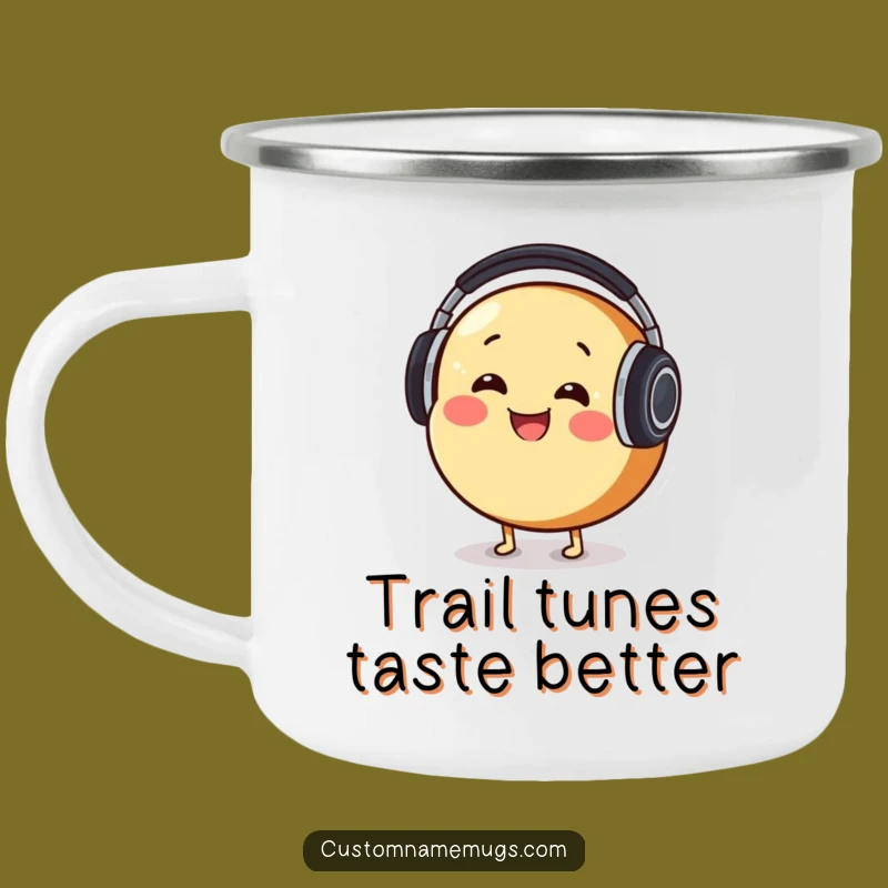 Funny Bread DJ Camping Mug: Smiling Character Enamel Mug for Musical Adventures