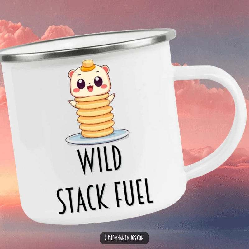 Funny enamel camping mug with a googly-eyed creature balancing a stack of pancakes, perfect for outdoor breakfast enjoyment.