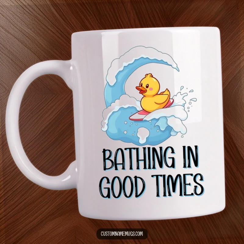 Funny Mug: Tiny, determined rubber ducky character bravely surfing on a giant, bubbly wave of soap, looking focused.