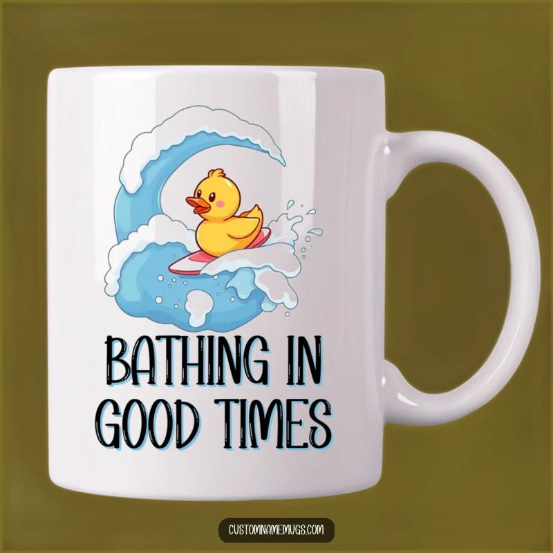 Funny Rubber Ducky Surfer Mug: Determined Character on Soap Wave Gift