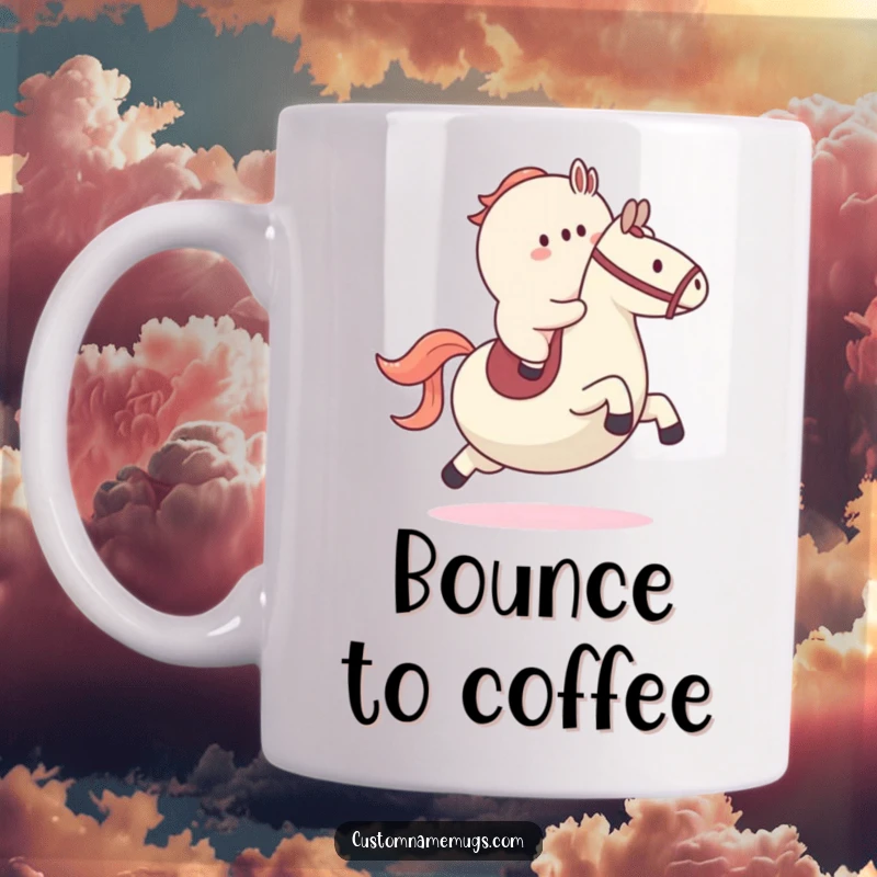 Funny coffee mug featuring a determined blob character attempting to ride a large bouncy ball as if it were a horse, symbolizing playful ambition.