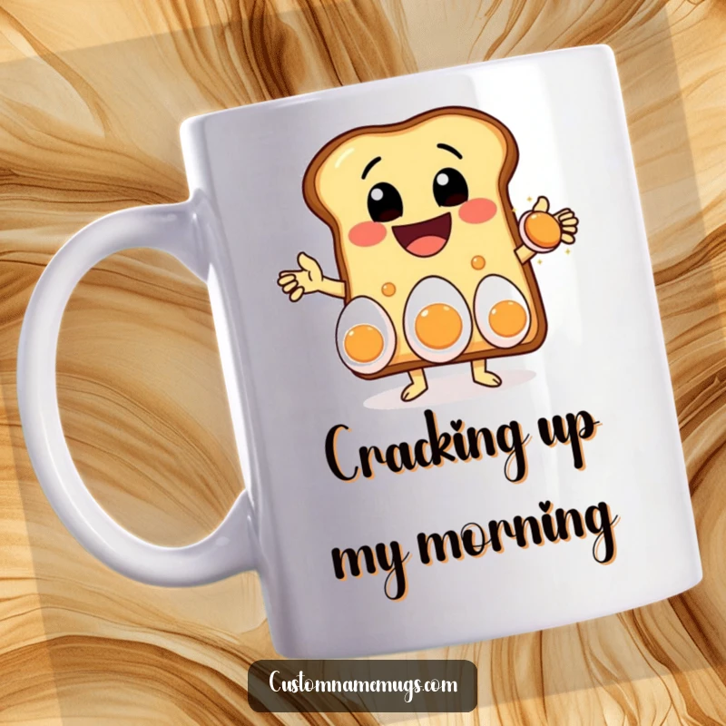 Funny mug featuring a delighted toast character with a massive grin, skillfully juggling three eggs, showcasing breakfast-time entertainment.