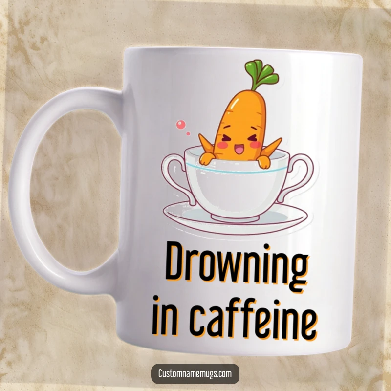 Funny mug showcasing a cheerful carrot character comically attempting to swim in a tiny teacup, emphasizing playful absurdity and joy.