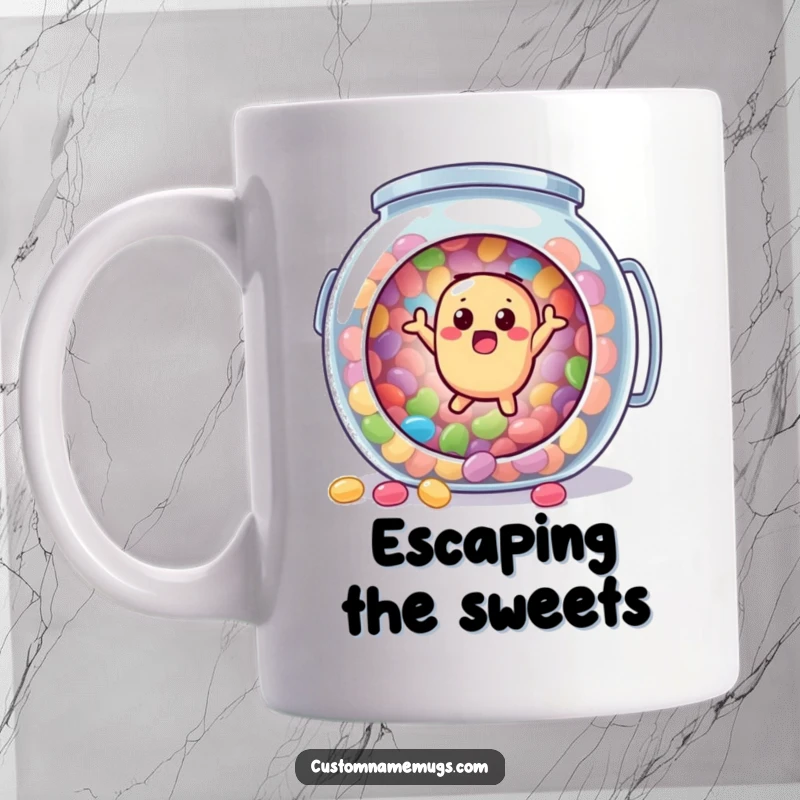 Funny mug showing a surprised jellybean character comically bouncing out of a giant, open candy jar, capturing a moment of sugary chaos.