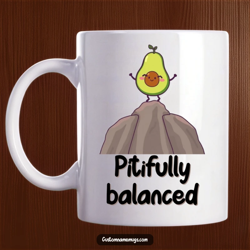 Funny mug featuring a giggling avocado character attempting to balance on its single, unstable pit, a comical food illustration.