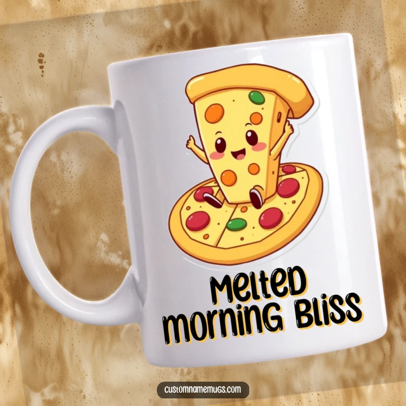 Funny cheese slice mug showing a proud, smiling cheese slice character joyfully falling into a giant, delicious pizza.