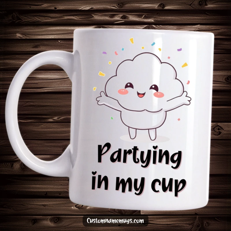 Funny mug featuring a smiling cloud character with arms outstretched, joyfully receiving a downpour of colorful confetti, celebrating pure happiness.