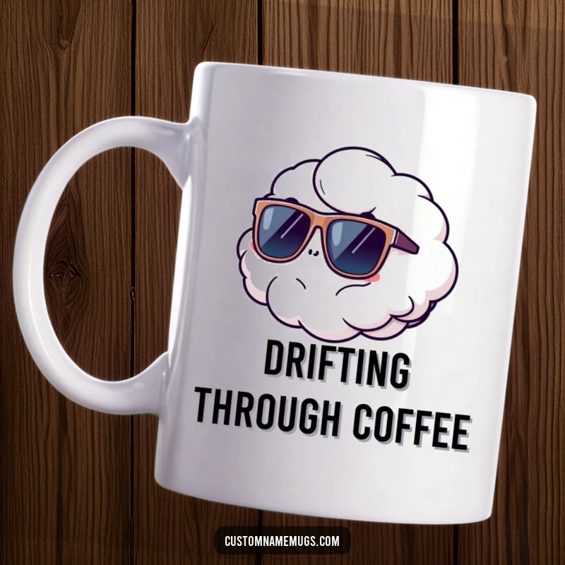 Funny cloud mug showing a fluffy cloud comically floating away wearing oversized sunglasses, symbolizing carefree escape and humor.