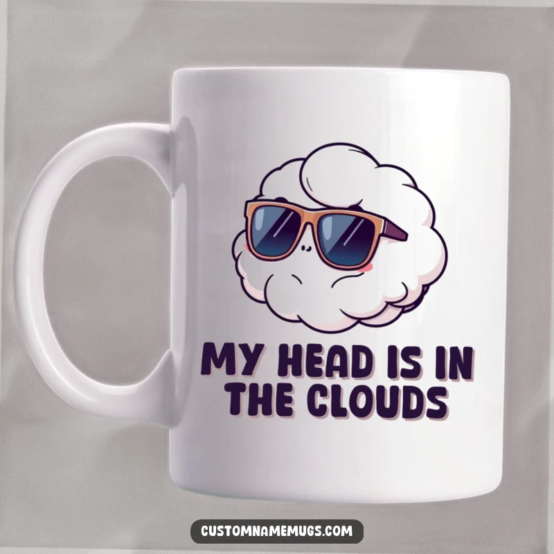 Funny cloud character comically floating away, wearing stylish oversized sunglasses, depicted on a mug for a humorous and cool vibe.