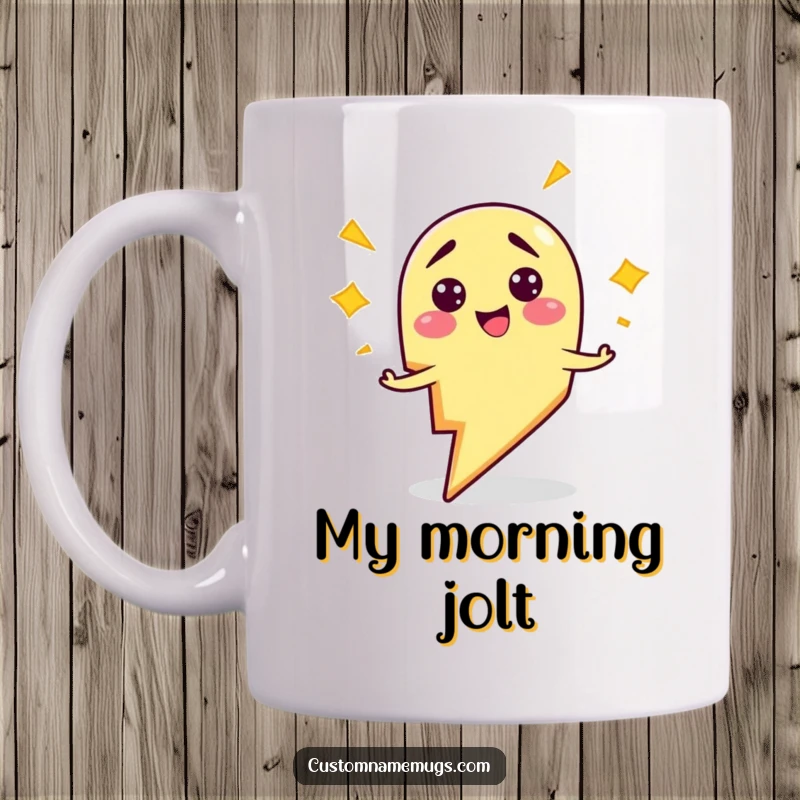 Funny mug design of a smiling, clumsy lightning bolt character comically zapping itself with electricity, a perfect humorous gift.