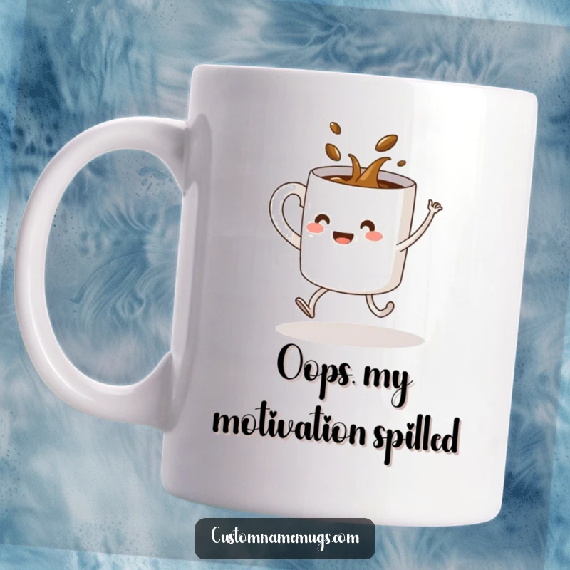 Funny mug featuring a coffee mug with legs spilling its contents while hilariously attempting a dance move, a comical mishap.