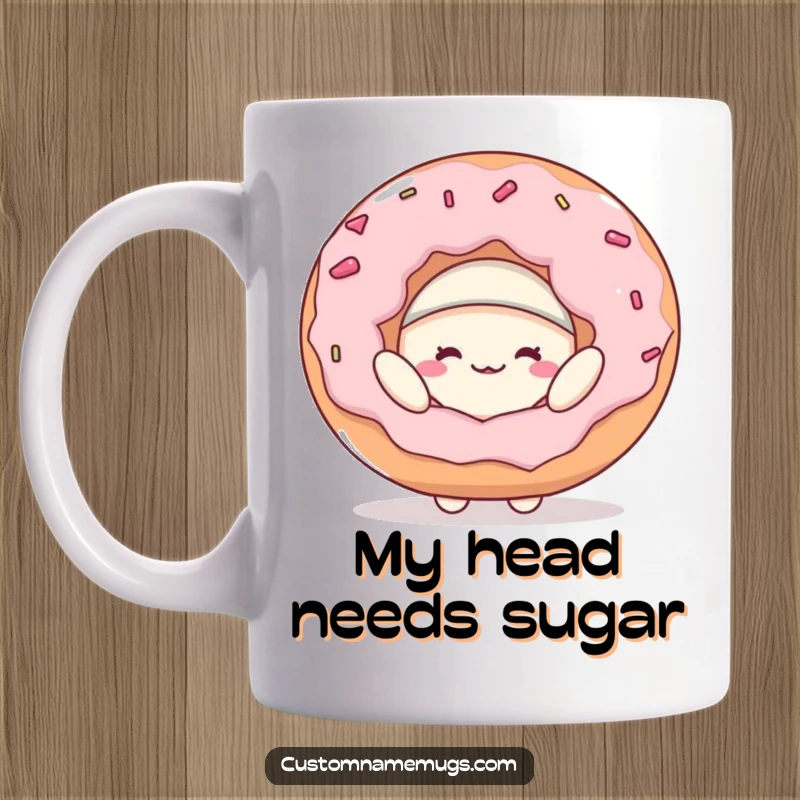 Funny coffee mug featuring a cheerful blob character struggling to wear a comically large donut as a hat, symbolizing sweet, messy fun.