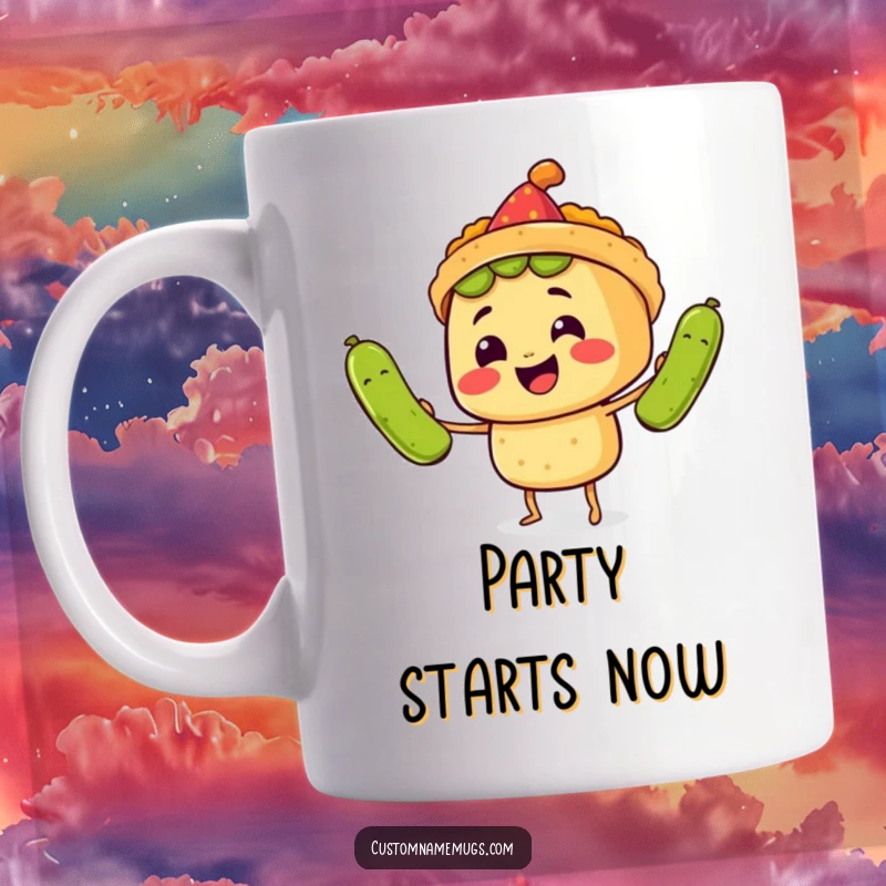Funny Mug: A smiling taco character in a party hat juggles three oversized pickles, embodying hilarious fiesta fun.