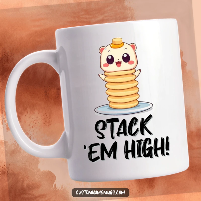 Funny coffee mug with a tiny creature sporting googly eyes, precariously balancing an impressive tower of pancakes, celebrating breakfast chaos.