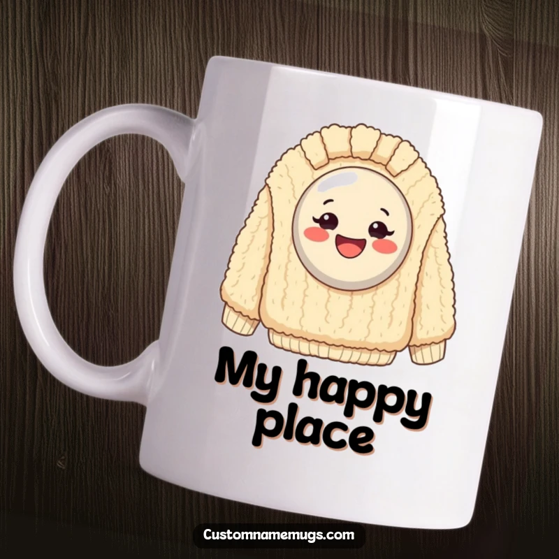 Funny Mug: Exaggeratedly happy button stuck on a giant, fuzzy sweater, radiating pure, cozy joy and humor.