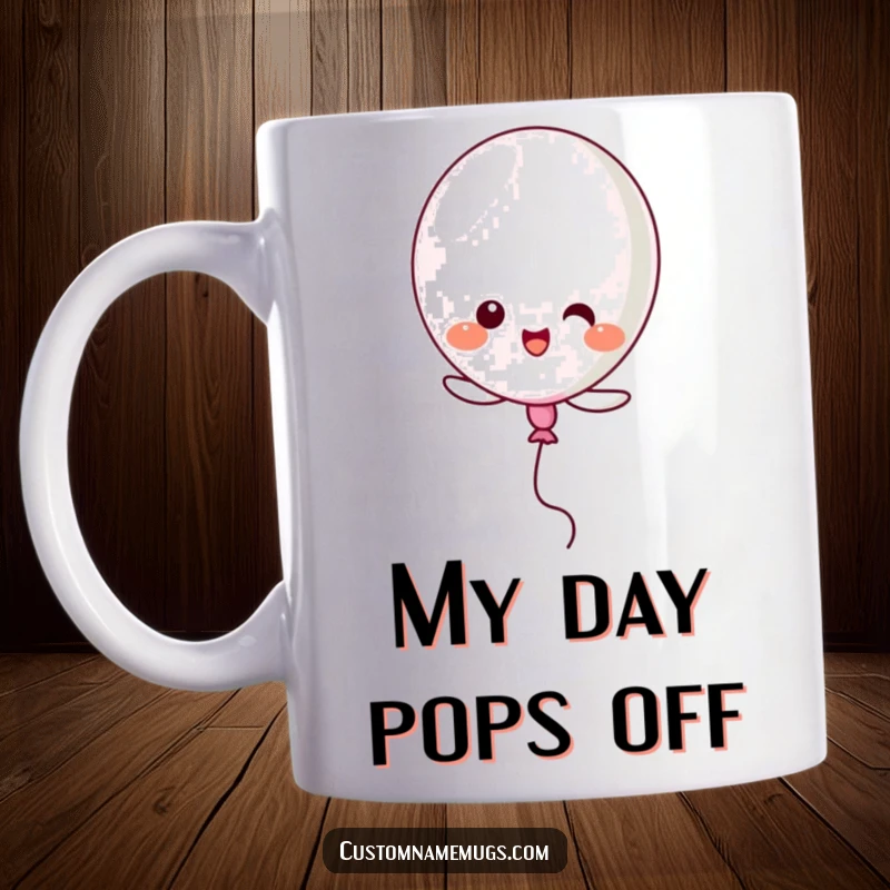 Funny Kawaii balloon character comically bursting itself while attempting to fly, a humorous lesson in gravity for mugs.