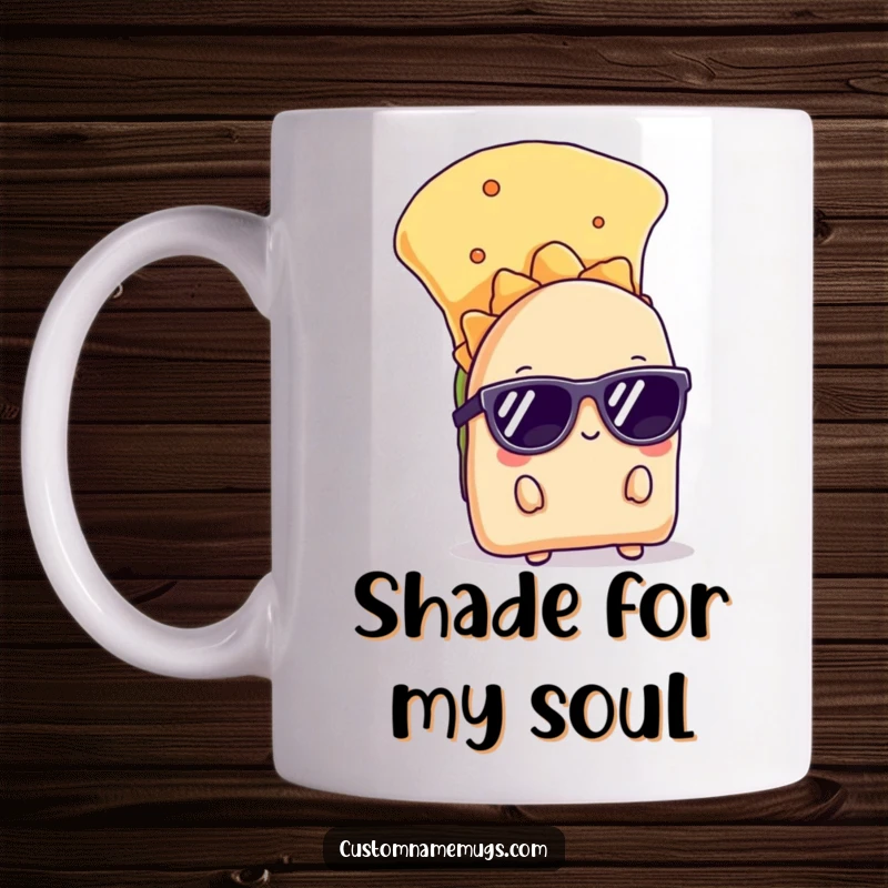 Funny mug featuring a shy taco wearing sunglasses, peeking cautiously from behind a large chip, exuding cool and subtle humor.