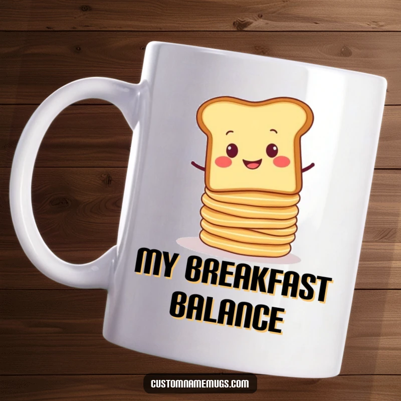 Funny mug with a smug-grinning slice of toast balancing a wobbly stack of pancakes about to fall. Humorous breakfast theme.