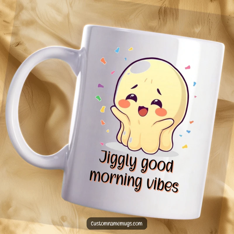 Funny Wobbly Jelly Mug: A jelly character with bewildered joy catching falling confetti, a delightful and funny gift.