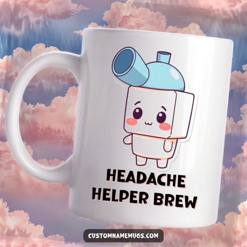 Funny mug with a cheerful, blocky character comically wearing a plunger as a hat, looking happily confused. A unique gift.