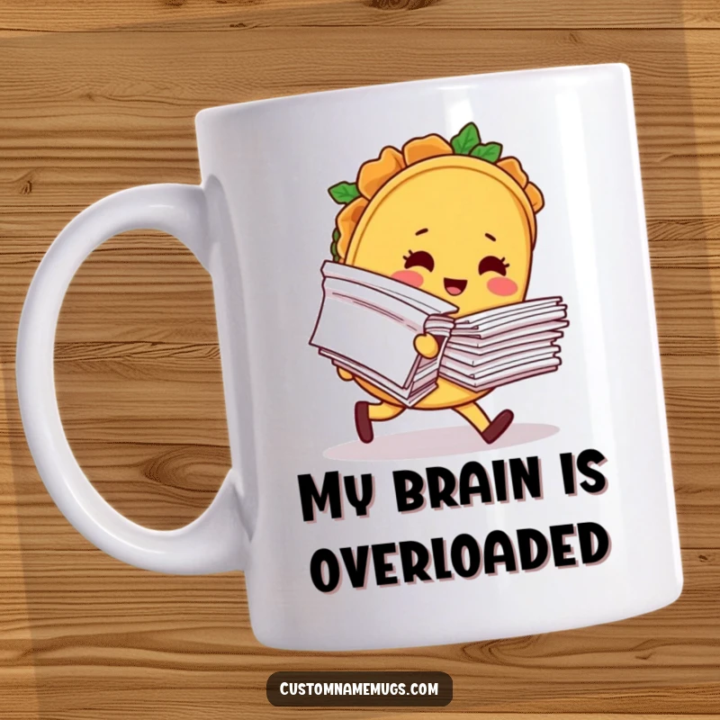 Funny mug showing a blushing taco character comically tripping over a huge stack of papers, looking overwhelmed and embarrassed, office humor.