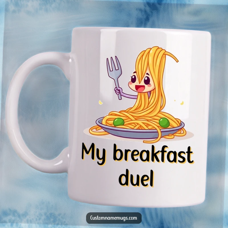 Funny mug featuring a brave fork character jousting with a massive spaghetti strand, celebrating a comical food battle.