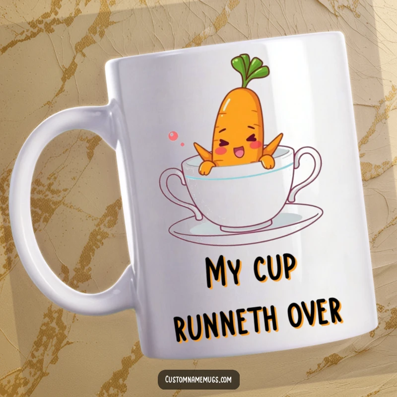 Funny cheerful carrot character comically attempts to swim in a teacup, depicted on a mug for a humorous and cute scene.