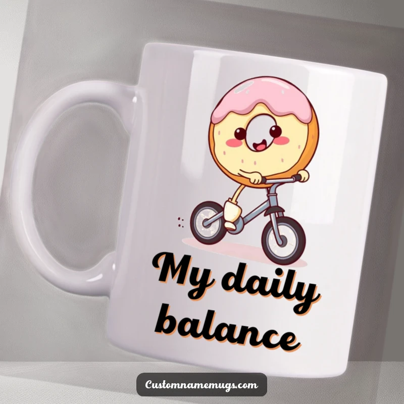 Funny mug with a smiling, round donut character with tiny legs enthusiastically riding a miniature unicycle. Whimsical and humorous design.