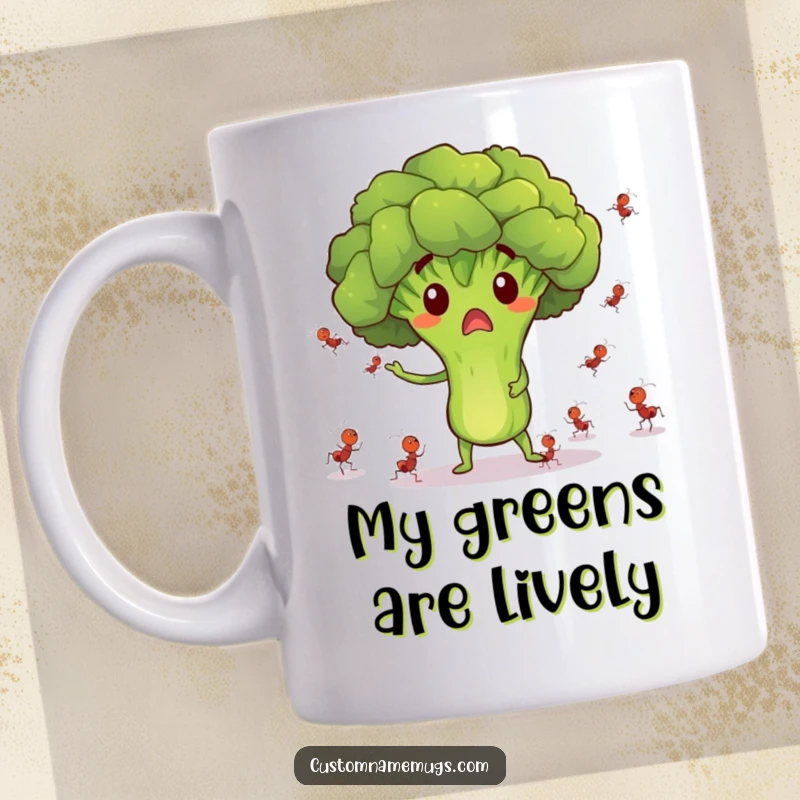 Funny mug showing a surprised broccoli character comically juggling tiny dancing ants, a hilarious and unique gift.