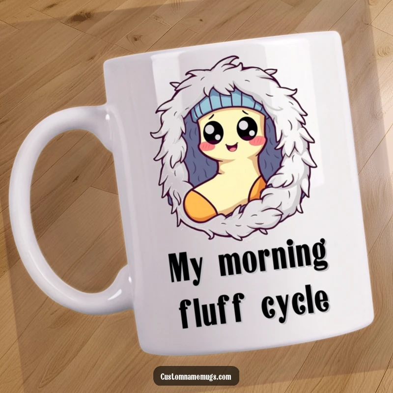 Funny Kawaii sock character with googly eyes stuck in a dryer lint monster, a hilarious mug depiction of laundry day chaos.